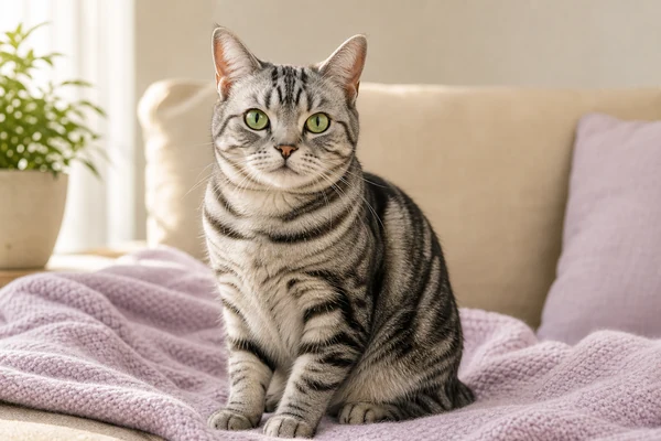 ラベンダー色の毛布の上に座るサバトラの猫
